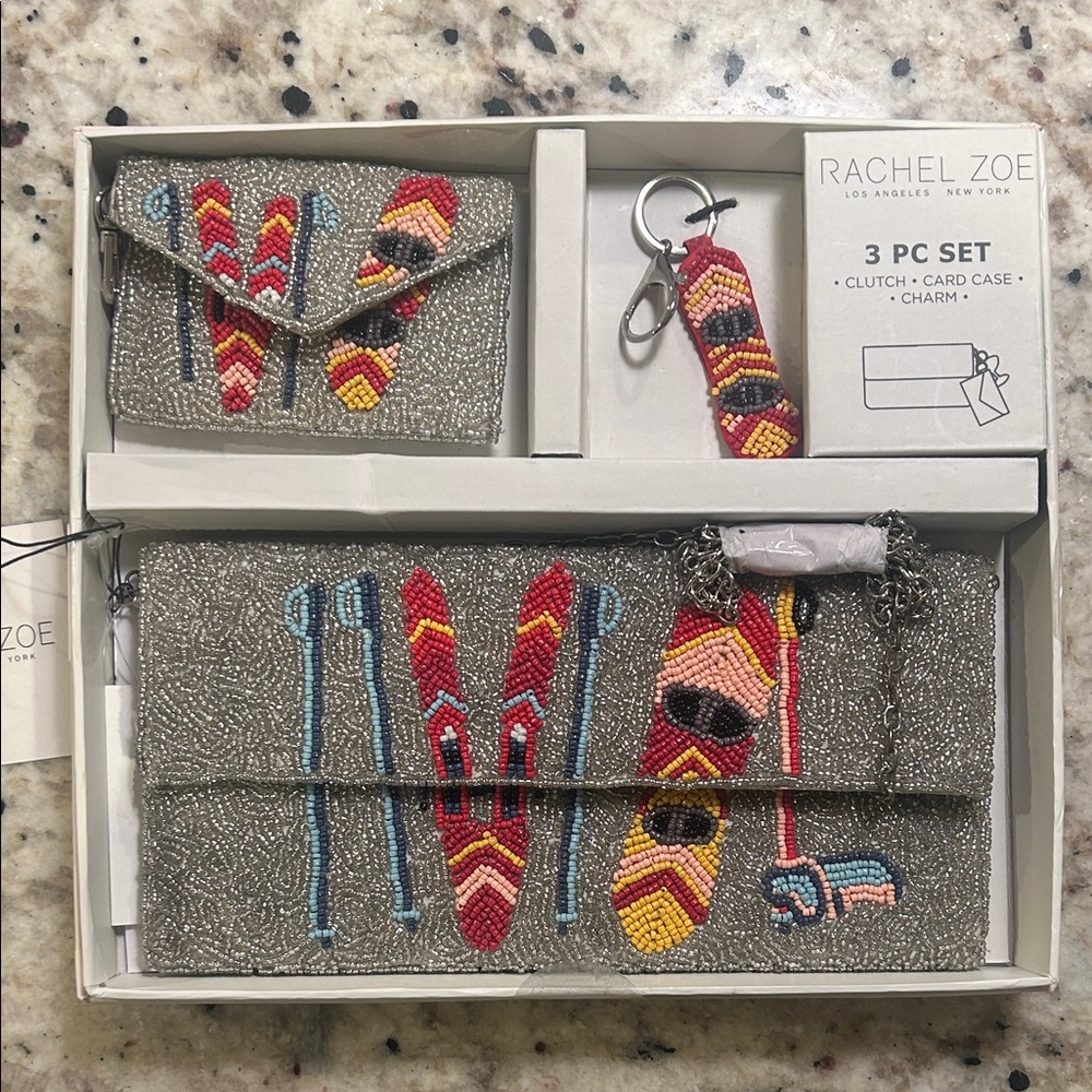 Rachel Zoe Silver Beaded Clutch Set with Ski and Snowboard Motif